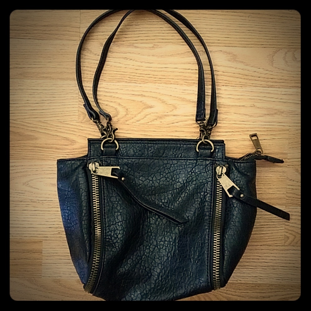 Brass Zipper Black Leather Biker Hand Bag (NWOT)